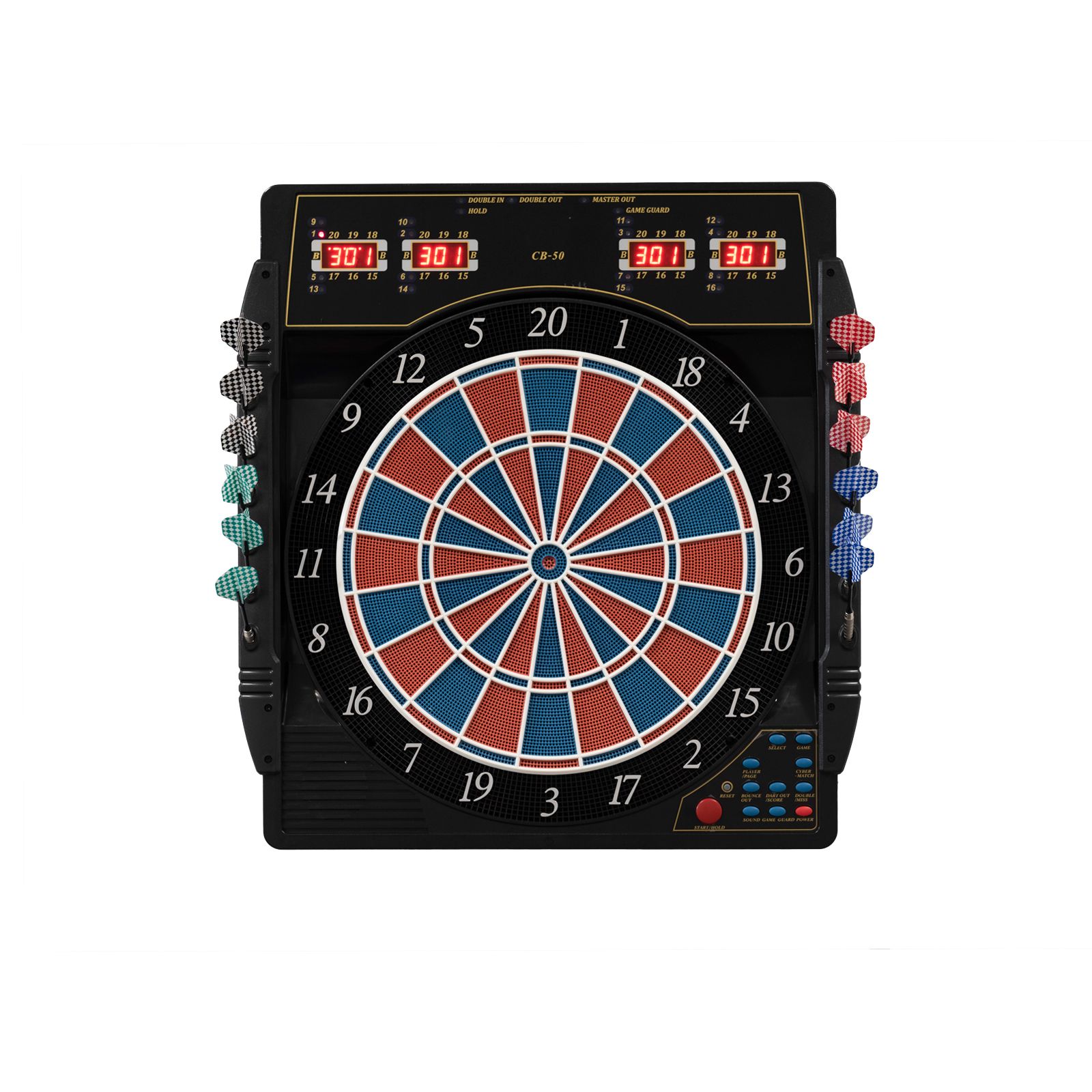 Das Bild zeigt die elektronische Dartscheibe Karella CB 50 in Turnierausführung. Sie hat ein digitales Display und verschiedene farbige Dartpfeile an den Seiten.